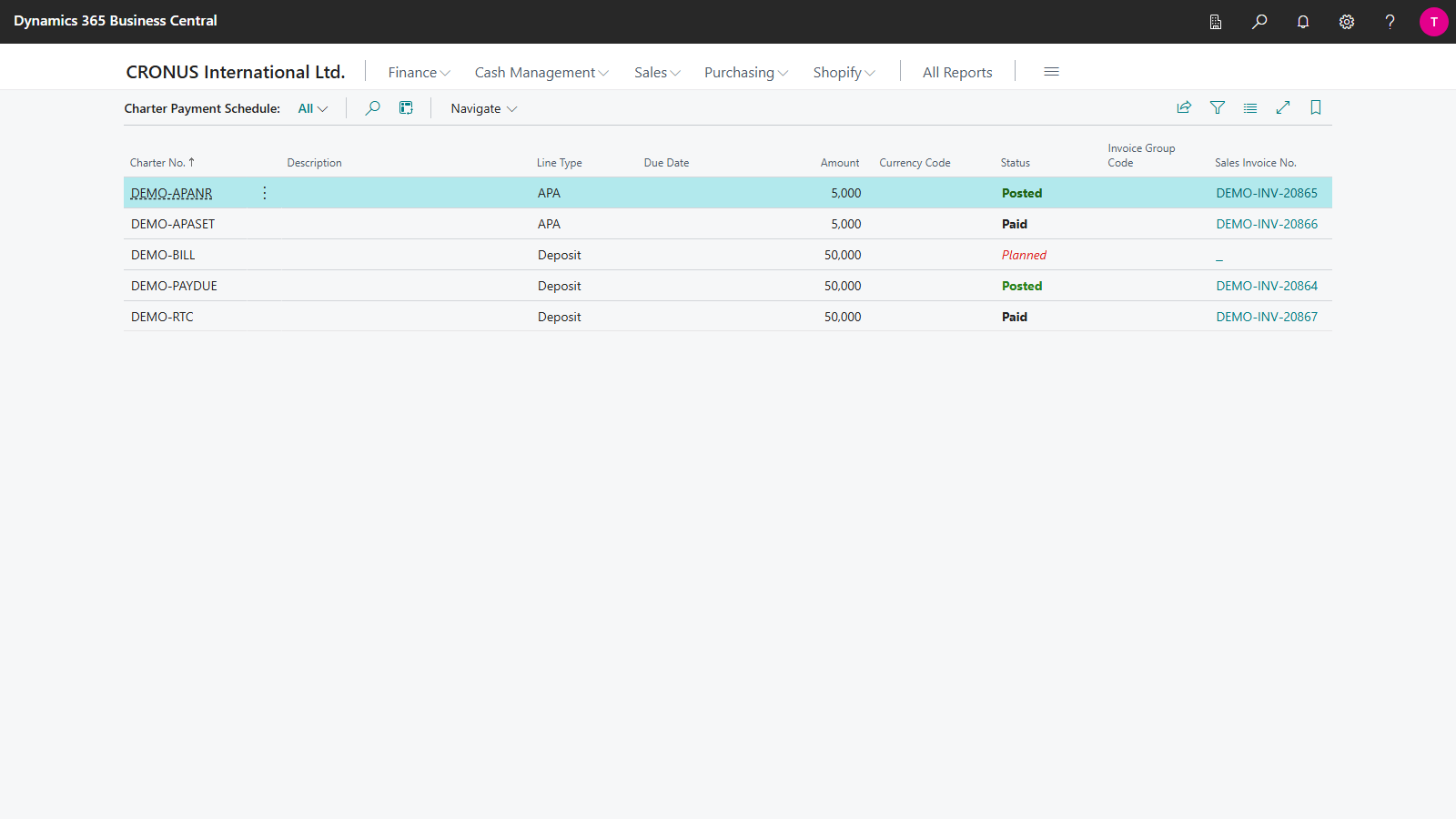 The Charter Payment Schedule list with five rows. DEMO-APANR, line type APA, 5,000, Posted, sales invoice DEMO-INV-20865. DEMO-APASET, APA, 5,000, Paid, DEMO-INV-20866. DEMO-BILL, Deposit, 50,000, Planned, with no invoice number. DEMO-PAYDUE, Deposit, 50,000, Posted, DEMO-INV-20864. DEMO-RTC, Deposit, 50,000, Paid, DEMO-INV-20867. The Description, Due Date and Currency Code columns are empty.